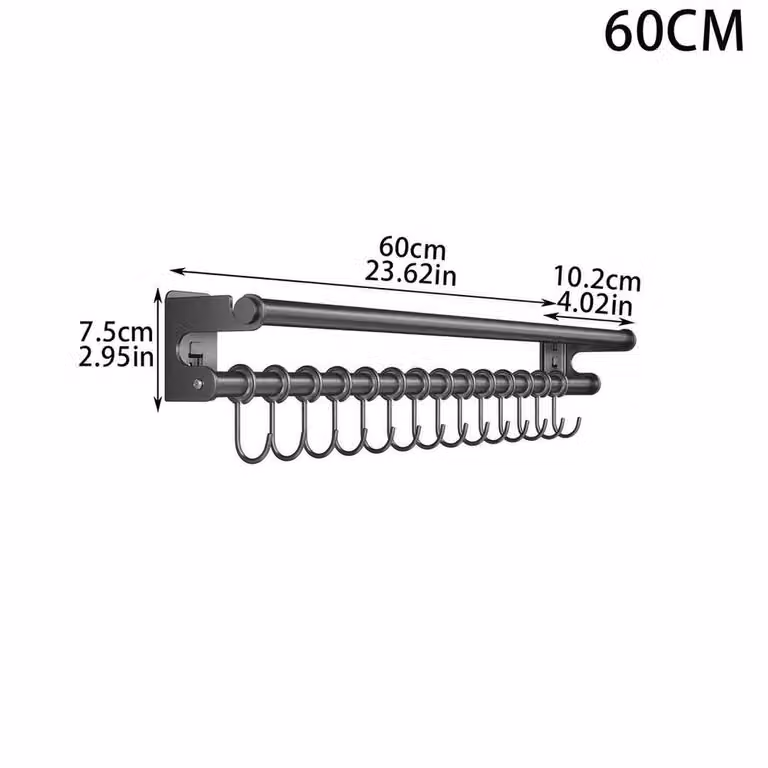 FLAVORA Wall Mounted Metal Kitchen Utensil Hanging Rail Organiser, Grey, Width: 60 cm