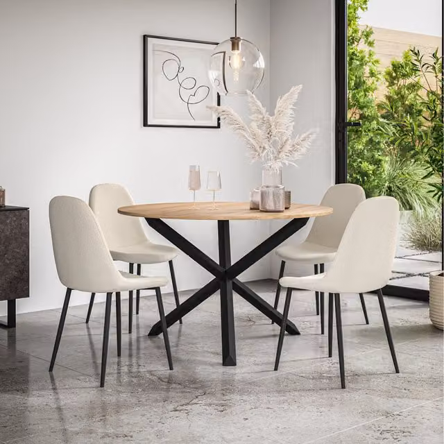 More4Homes Malvern Round Oak Effect Dining Table Set with 4 White Maya Chairs and Black Oak Legs