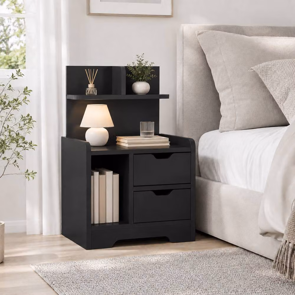 HOMCOM Modern Black Bedside Table with 2 Drawers and Open Shelves – 2