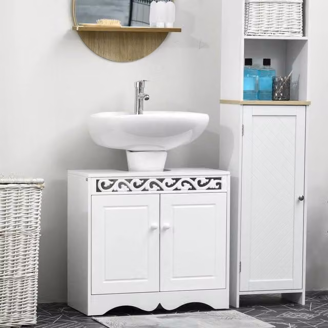 KORVIXA White Wooden Under Sink Bathroom Storage Cabinet with Internal Shelves and Hinged Doors W/D/H: 56.0 x 22.0 x 60.0 cm – 1