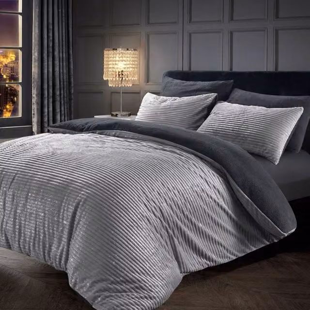 VELOSSO Reversible Silver Glitter Cord Duvet Cover and Pillowcase Set with Teddy Soft Cosy Fleece, W/D/H: 90 x 200 cm