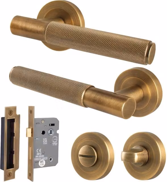 AFIT Antique Brass Knurled Lever Rose Bathroom Lock in Bronze, 1 Pair, W/D/H: 15 x 15 x 6.4 cm – 1