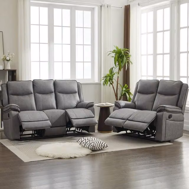 FURNITURE ONE Modern Upholstered Manual Recliner Sofa Set in Grey, including 2 Seater and 3 Seater Couches