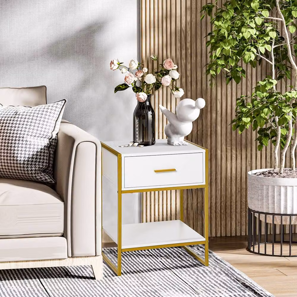 STILVORA Modern Bedside Table with Drawer and Shelf in White and Gold – 4