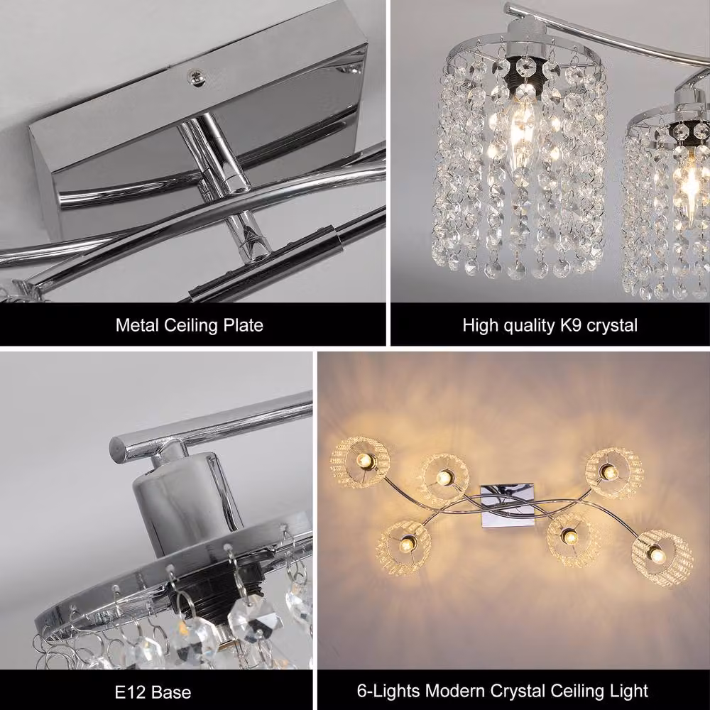 NIVOR 6 Light Crystal Flush Mount Ceiling Light in Chrome and Silver – 2