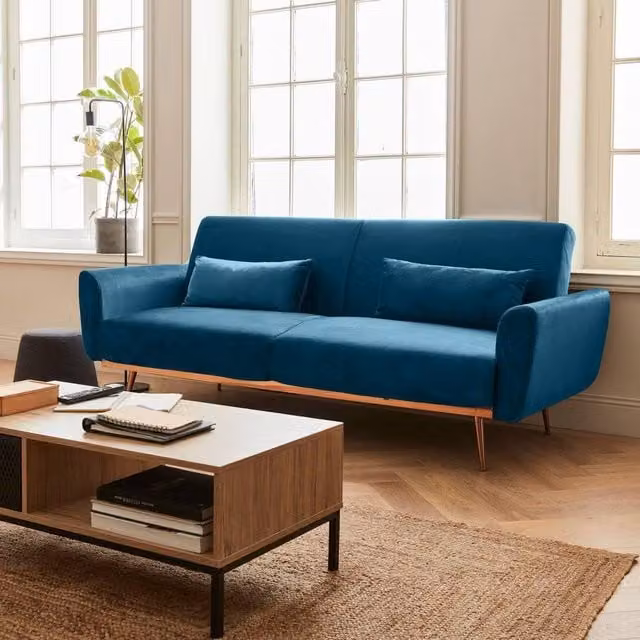 sweeek 3-Seater Blue Velvet Convertible Click-Clack Sofa Bed with Gold Accents and Scatter Cushions, W/D/H: 103 x 83 x 85 cm, Sleeping Area: 100 x 200 cm – 1