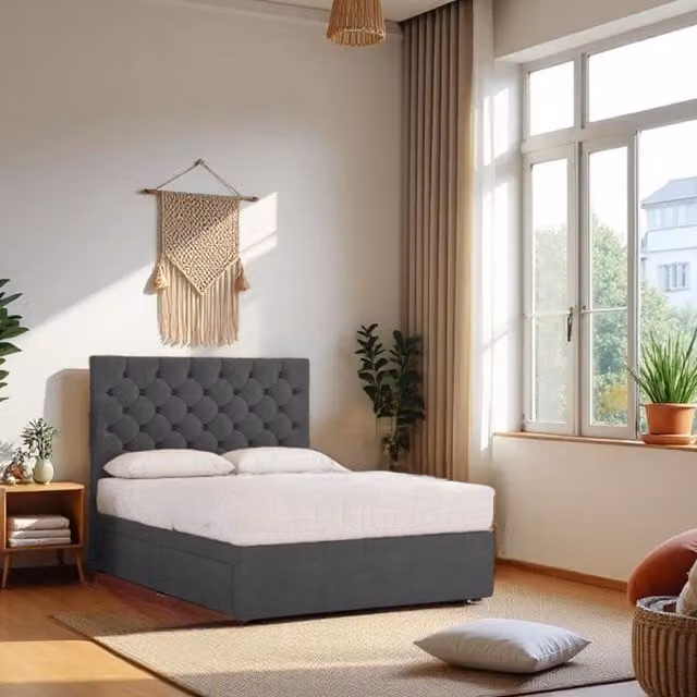 Knight Sleep Athens Plush Bed Set with Hybrid Mattress and 24 inch Headboard in Grey, W/D/H: 140 x 200 cm