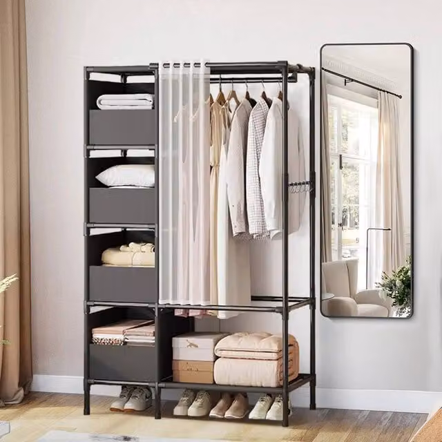 EONLION Black Metal Wardrobe with Clothes Rail and Storage, H 170 cm x W 50 cm