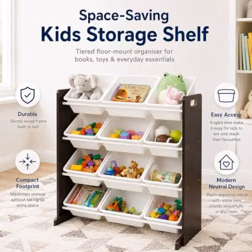 LOVETRENDS Kids Wooden Toy Storage Organiser with 12 Bins, Espresso Brown and White – 2