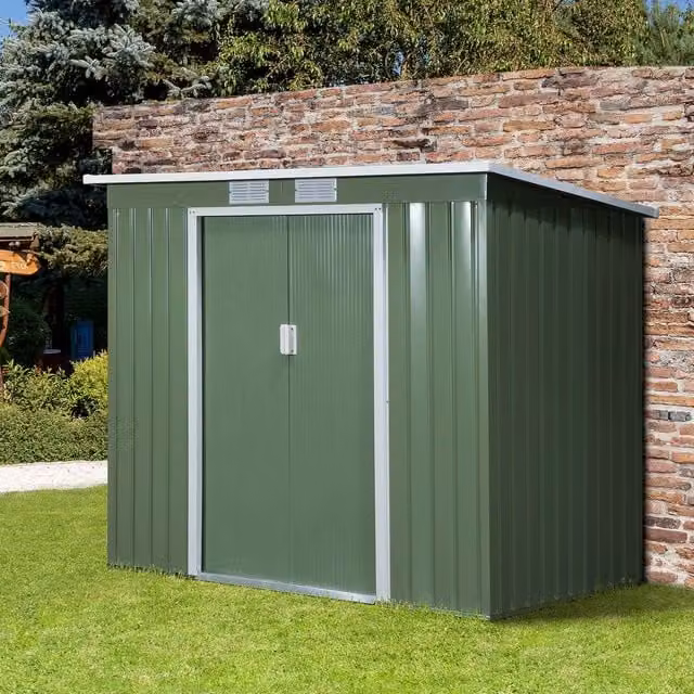 Outsunny Green Galvanised Steel Pent Garden Storage Shed with Double Doors and Side Vent