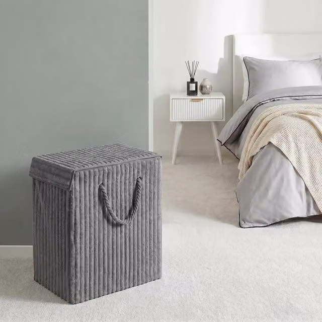 OHS Ribbed Faux Fur Folding Laundry Basket Bag with Lid and Handles in Grey
