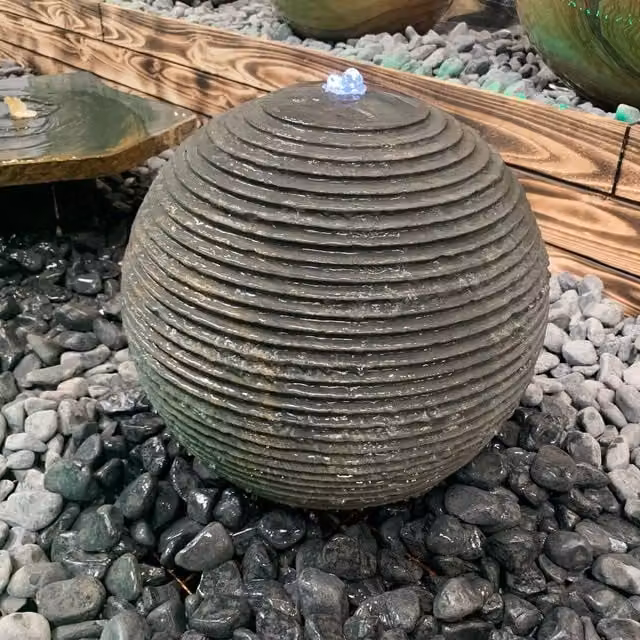 Tranquility Spring Stone Grey Granite Ribbed Sphere Solar Powered Water Feature, Diameter: 40 cm