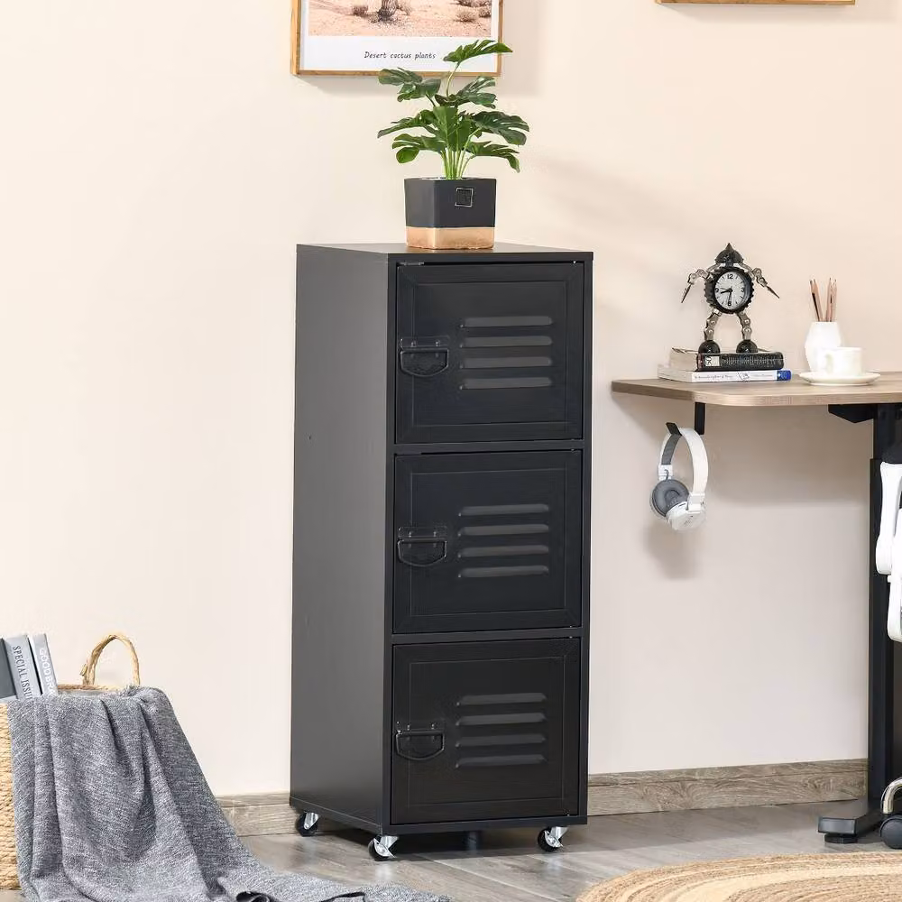 Rolipo 3-Tier Mobile Storage Cabinet with Metal Hinged Doors in Matt Black – 3