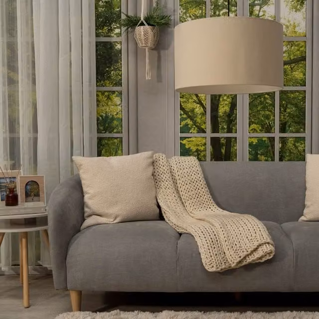 ValueLights Reni Large Cylinder Pendant Light Shade in Natural Beige and Yellow Wood