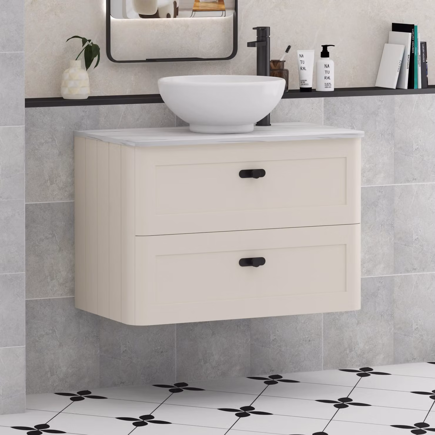Royal Bathrooms Henley 800mm Wall Hung Vanity Unit in Mushroom Cashmere with Breeze Basin and Matt Black Knob