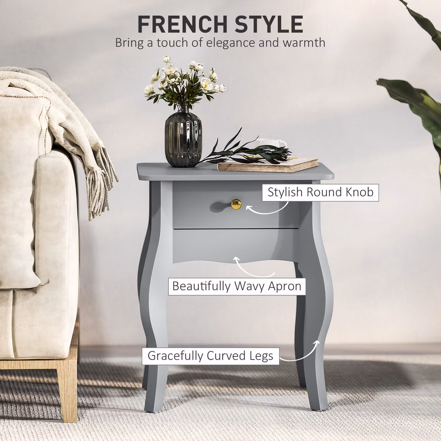 HOMCOM French Style Side Table with Drawer in Grey and Gold – 3