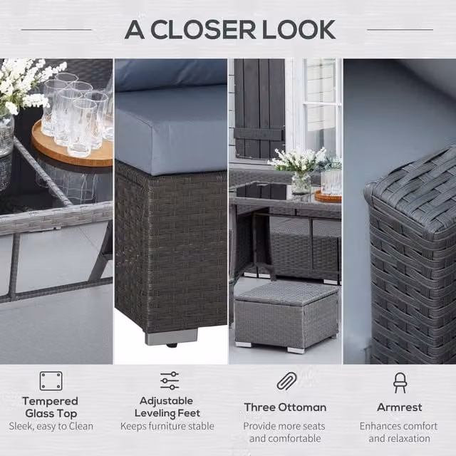 Outsunny 10 Piece Rattan Sofa Set with Metal and Glass Details in Black and Grey