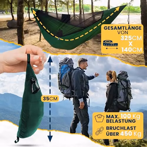 Ticket to the Moon Lightest Pro Hammock with Insect Protection and Integrated Ridgeline, Dark Green – 12