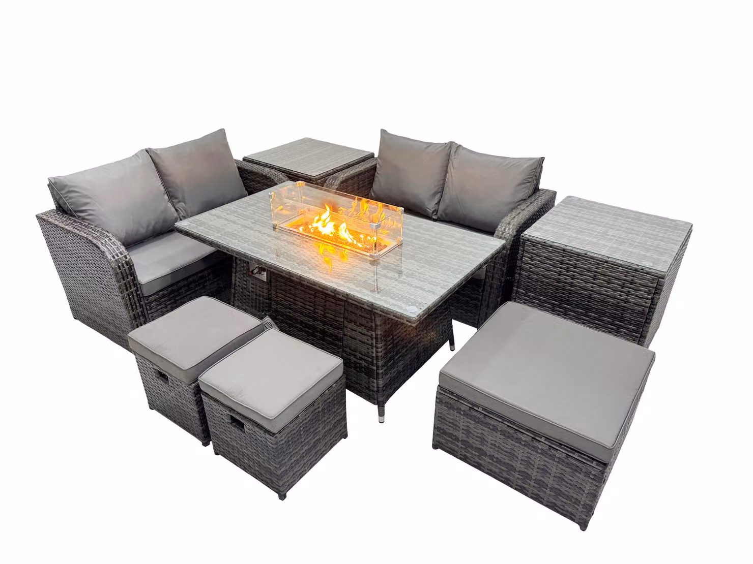 Fimous 7-Seater Rattan Garden Furniture Dining Set with 3 Stools and 2 Side Tables in Dark Grey – 2