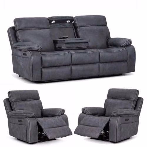 Furnishings For Less UK Tokyo 3 Piece Electric Recliner Sofa Suite in Grey Synthetic Leather with USB Charging and Cup Holders