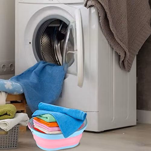 Neel Blue Collapsible Oval Foldable Laundry Basket with Handles, 24L, Pink – 2