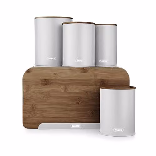 Tower Scandi 5 Piece Airtight Storage Set with Bread Bin, Biscuit Barrel and 3 Canisters, Grey – 1