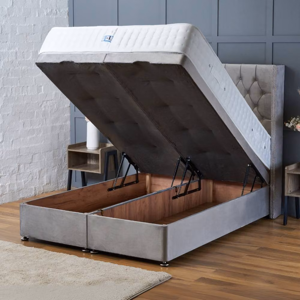 BSSPOKE Olivia Ottoman Divan Bed with 54 inch Headboard and Mattress in Grey Plush Velvet, W/D/H: 180 x 200 cm – 3