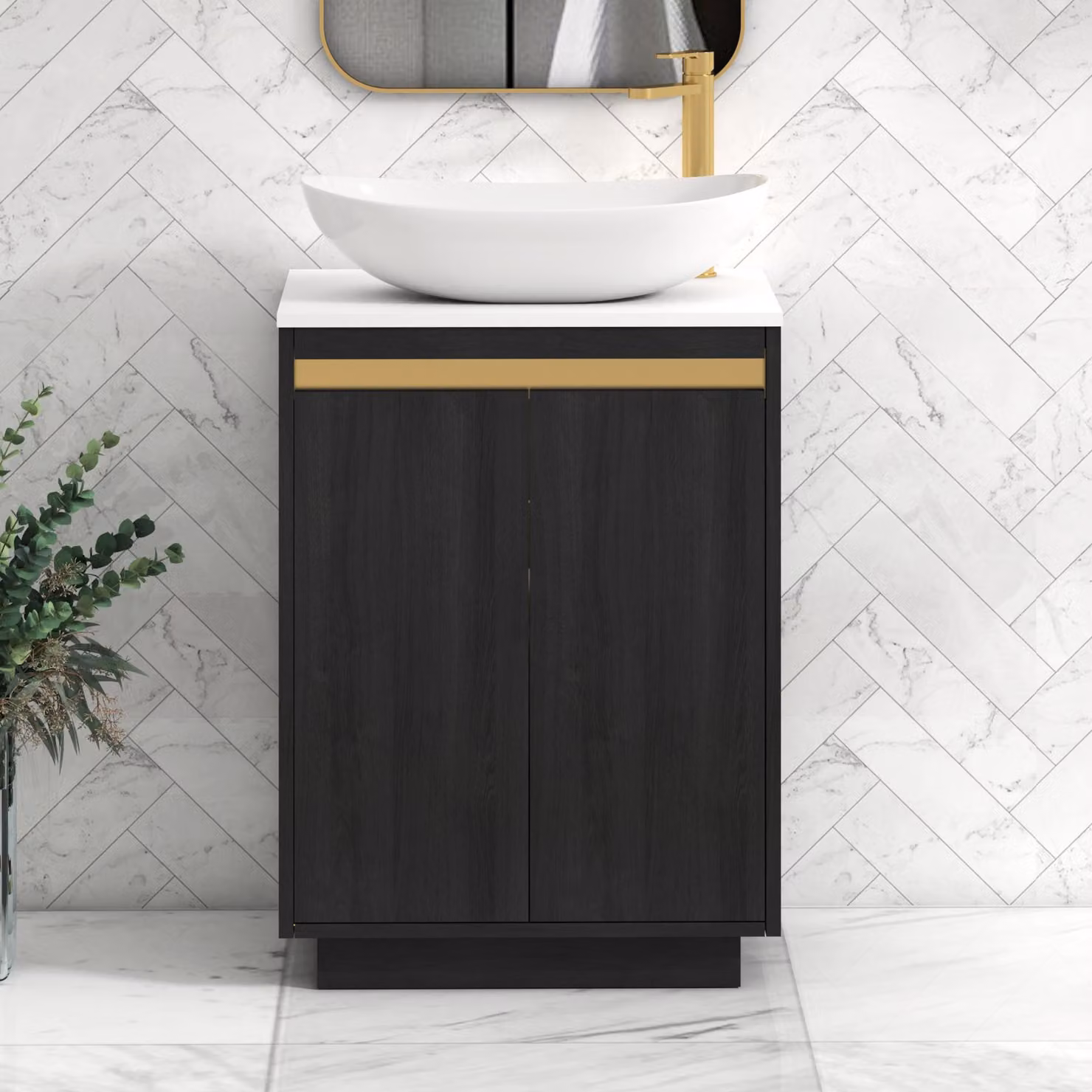 Royal Bathrooms Orion 600mm Hale Black and White Floor Standing 2 Door Vanity Unit with Cesar Basin and Brushed Brass Accent Trim
