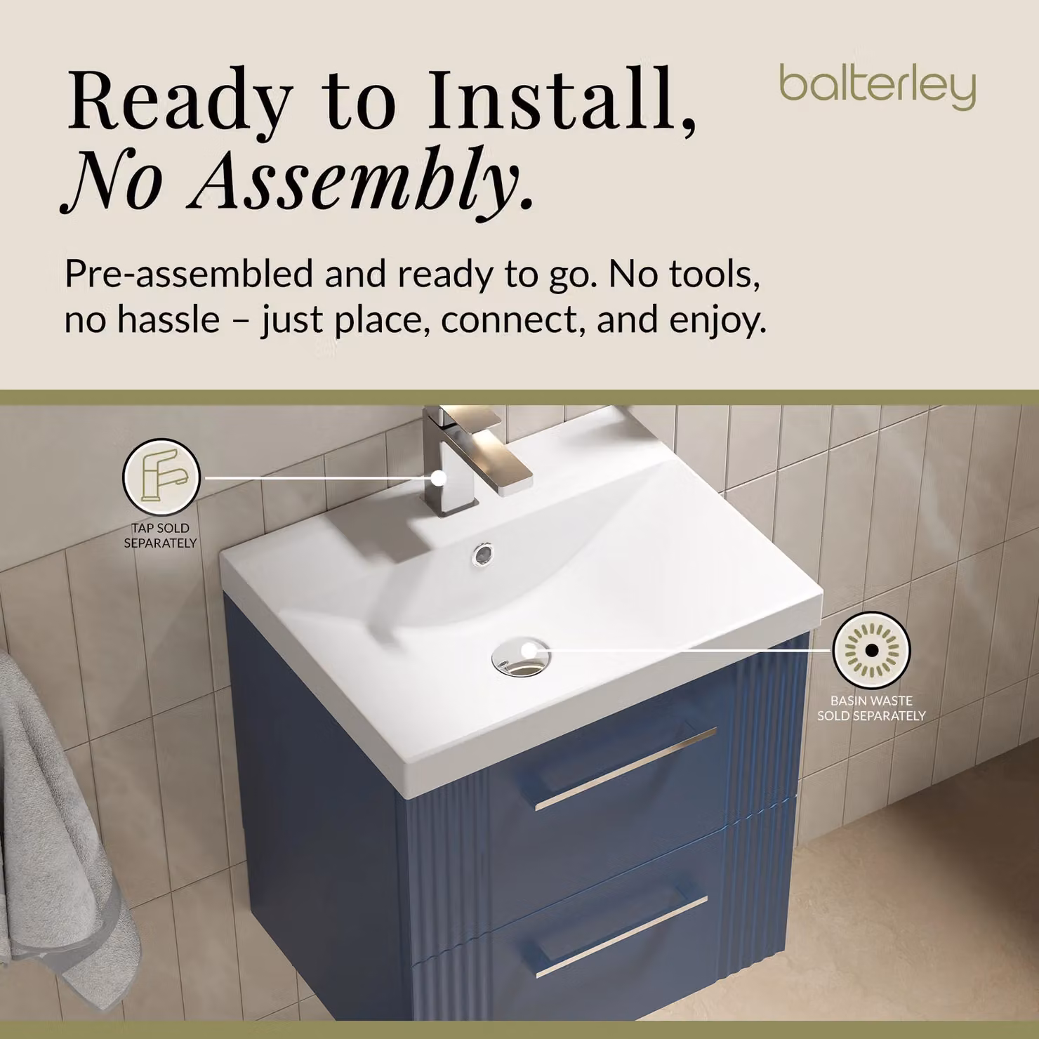 Balterley Wall Hung 2 Drawer Vanity Unit with Thin-Edge Basin, Satin Blue – 4