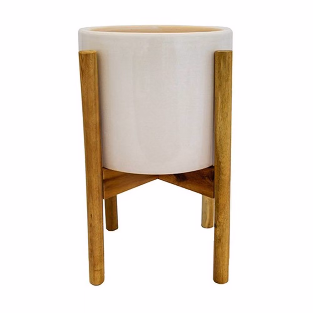 Lemon Pavilion Furniture and Decor Anzio Stone Planter with Wooden Stand, White, W: 24 cm, D: 24 cm, H: 38.5 cm – 2