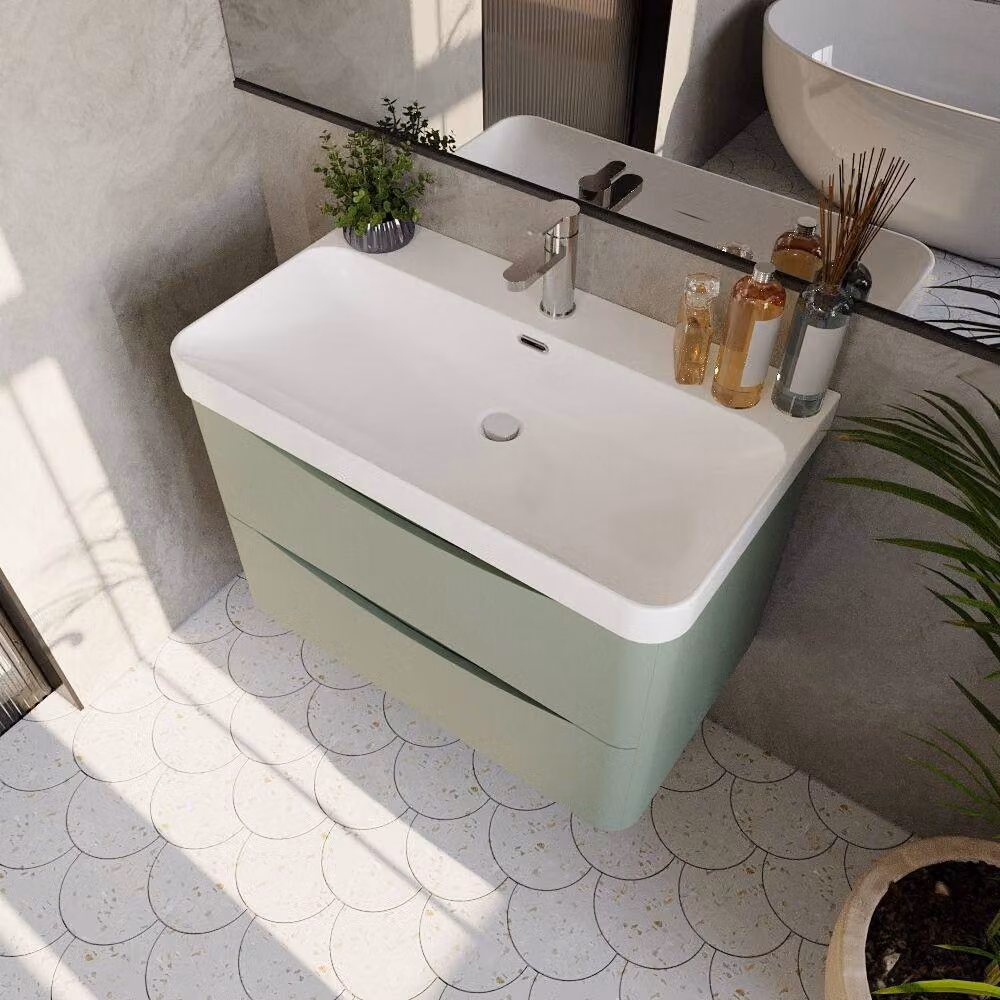 Balterley Modern Wall Hung 2 Drawer Bathroom Vanity with Ceramic Basin, Green, W: 80 cm – 3