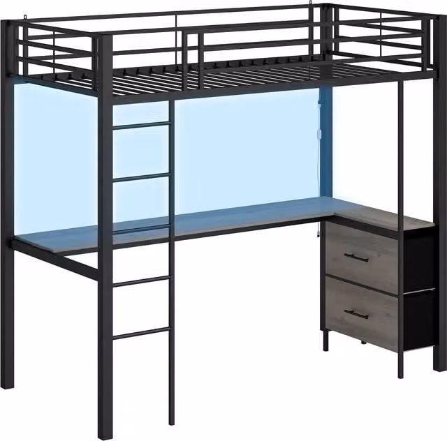 HOMCOM Metal High Sleeper Bed with Desk, LED Under-Bed Lighting and Safety Guardrail, Black, W/D/H: 200 x 120 x 175 cm – 1