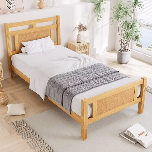 Rolipo Single Wooden Bed with Rattan Detail in Natural Pine, W/D/H: 90 x 190 cm