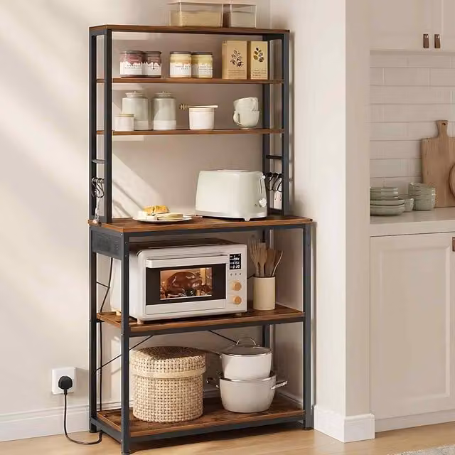 The Bazaarist Rustic Brown and Ink Black Bakers Rack Coffee Bar with Power Outlet and 6 Hooks