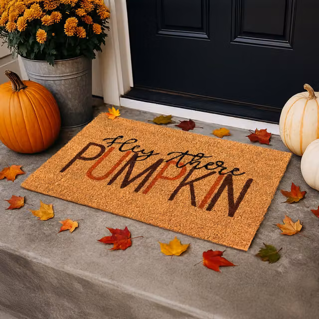 Marco Paul Hey There Pumpkin Coir Door Mat in Brown and Black