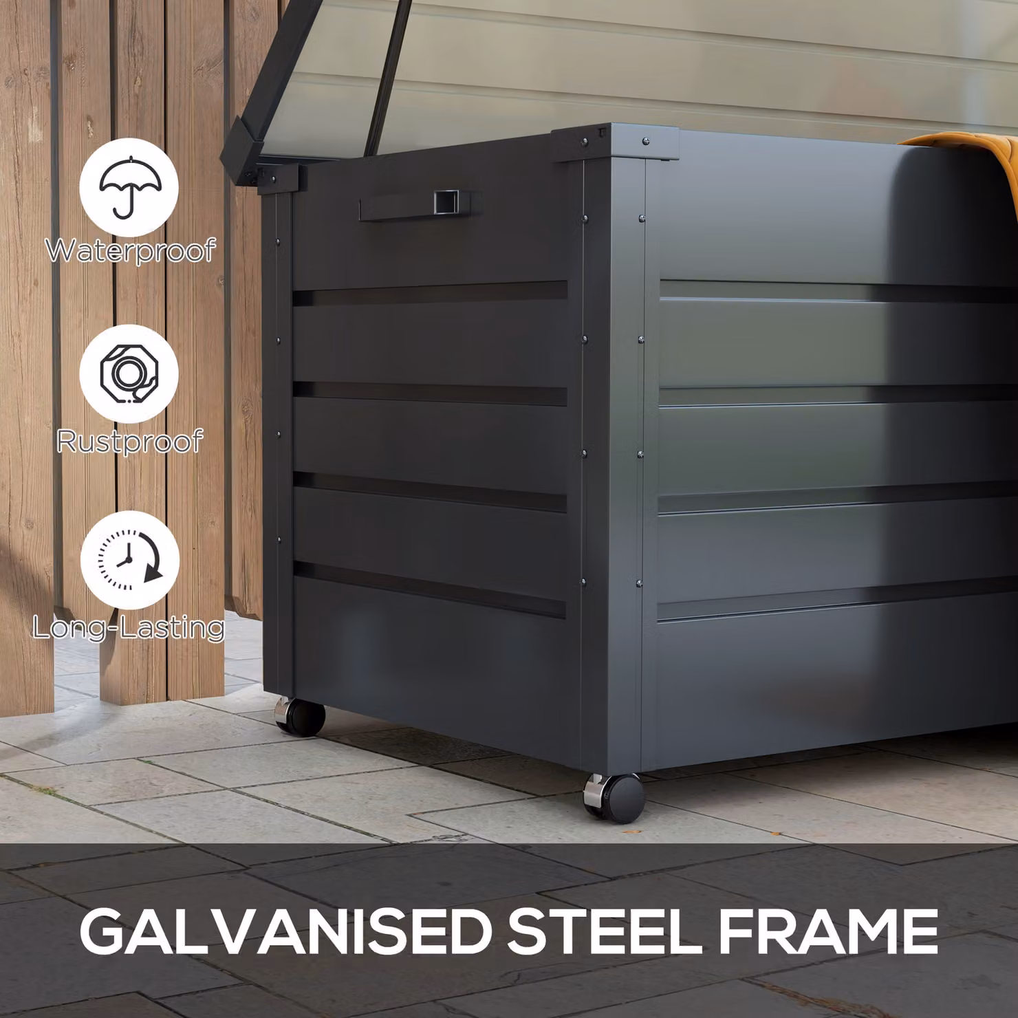 Outsunny 331L Waterproof Garden Storage Box with Wheels in Dark Grey – 5