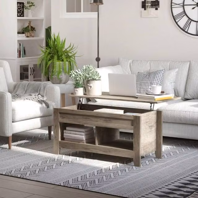 STILVORA Modern Rectangular Coffee Table with Lift Top and Hidden Storage in Light Oak – 1