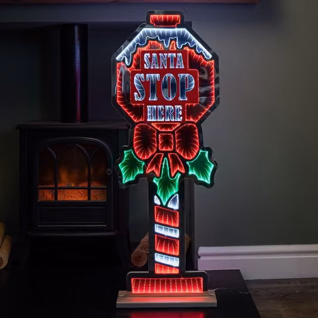Samuel Alexander Multicolour Santa Stop Here Sign Christmas Infinity Decoration with LED Lights, Height: 90 cm