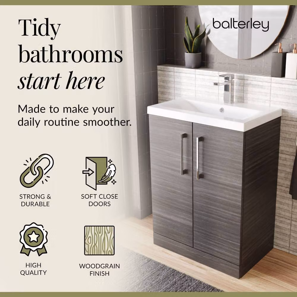 Balterley Contemporary Floor Standing Bathroom Vanity Unit with Mid-Edge Ceramic Basin, Anthracite Woodgrain Grey, W/D/H: 61 x 39 x 84 cm – 4