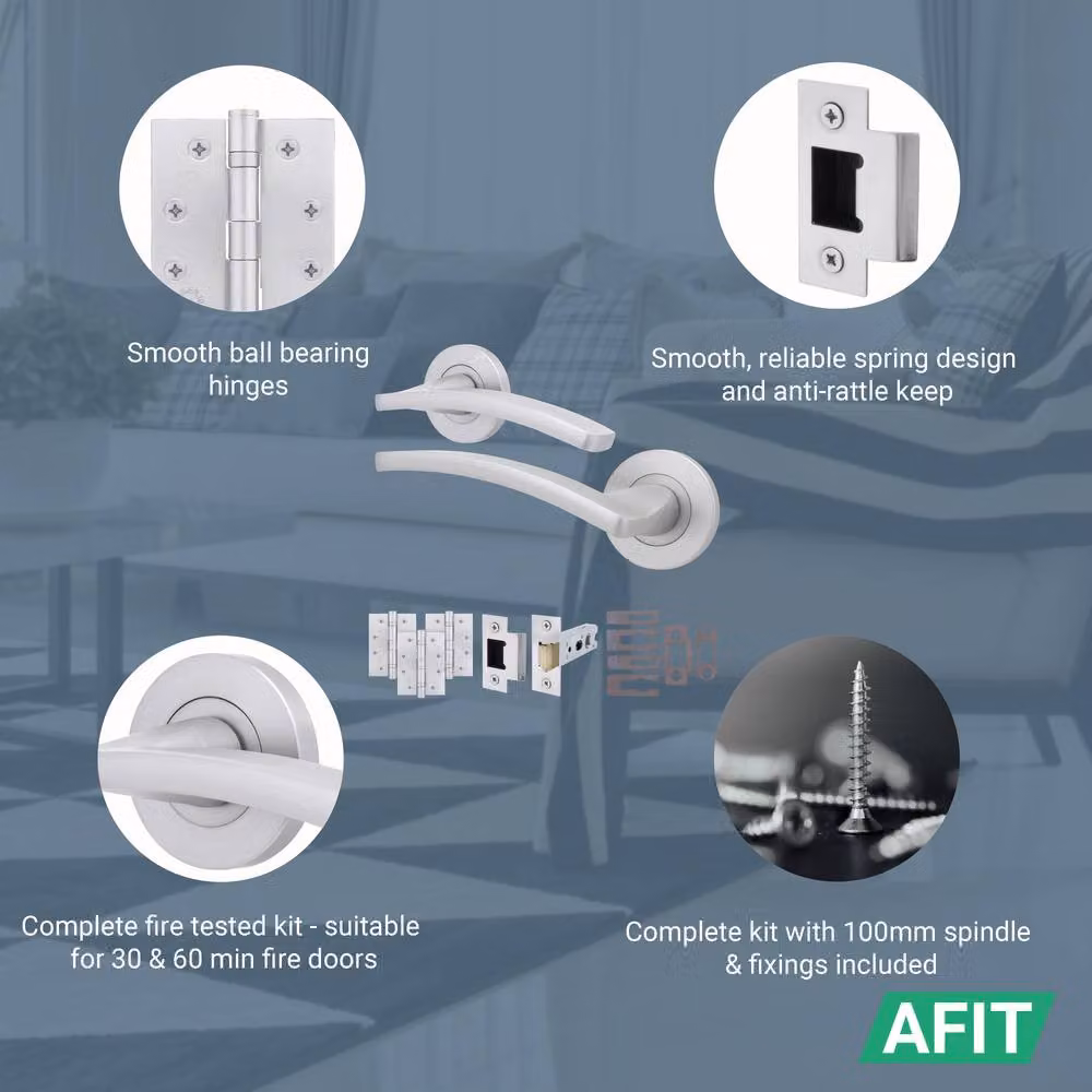 AFIT Satin Chrome Fire Door Handle Latch Set with Silver Aluminium Hinges, W/D/H: 15 x 15 x 1.5 cm – 2