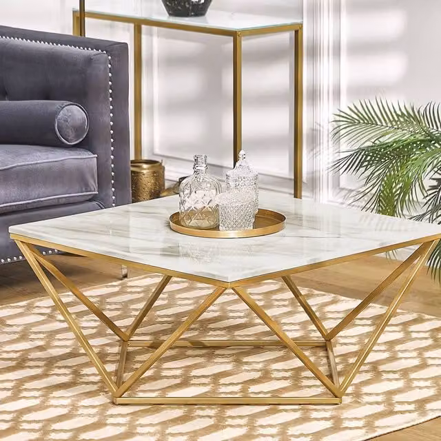 Wyld and Coco Square Coffee Table with Beige Marble Finish and Gold Metal Base, W/D/H: 80 x 80 x 40 cm – 1