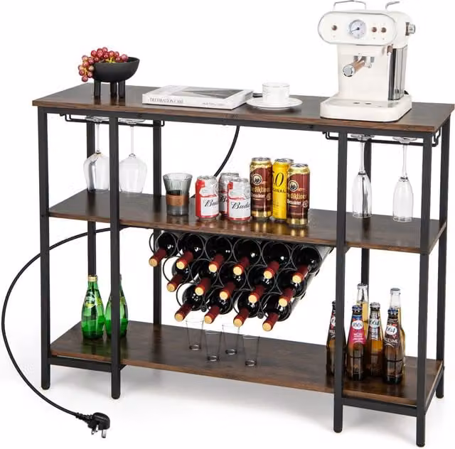 COSTWAY Industrial Wine Rack and Coffee Bar Cabinet in Brown