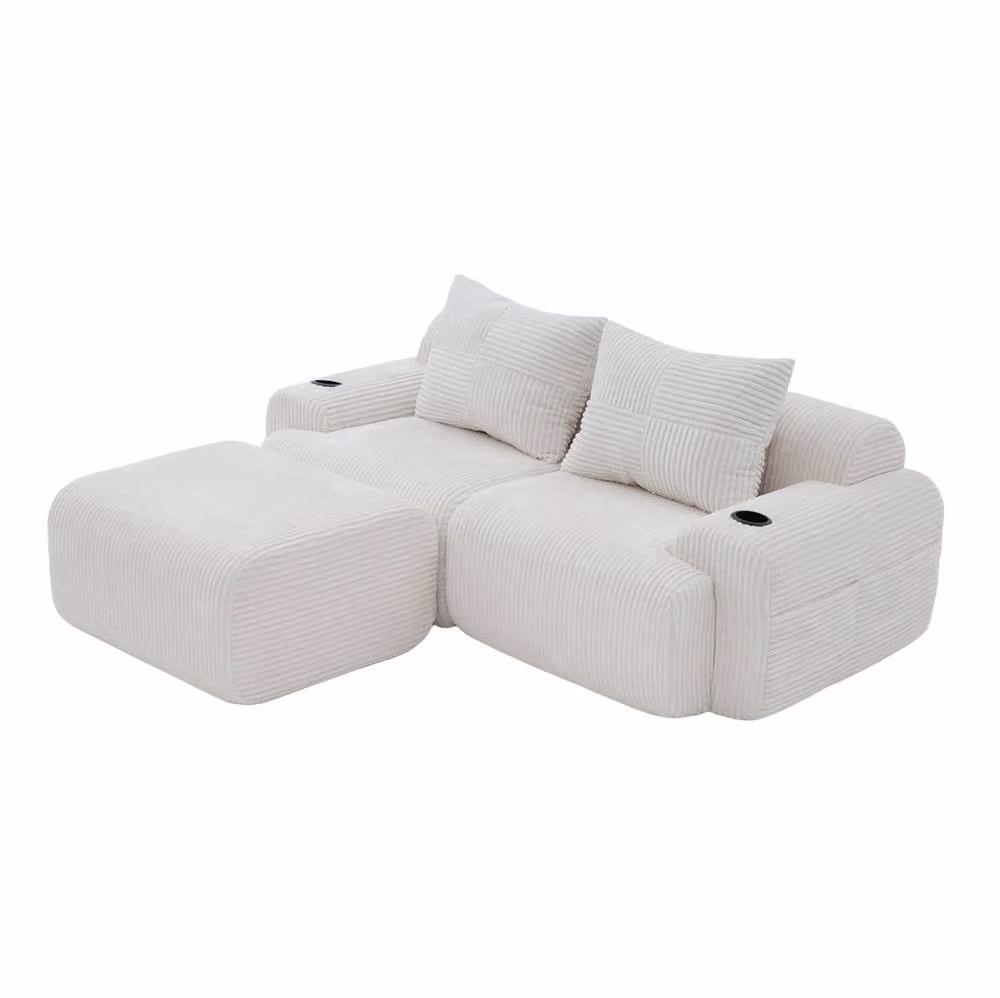 STILVORA 2-Seater Modular L-Shape Corduroy Sofa with Cup Holder in Beige – 2