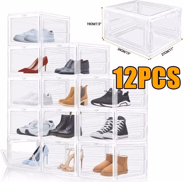 FORGEVIO 12-Piece Stackable Clear Acrylic Shoe Storage Boxes, W: 27 cm, D: 34 cm, H: 19 cm – 1
