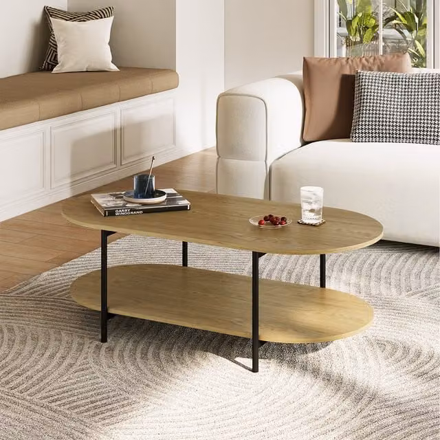 Livingandhome Modern Oval 2-Tier Coffee Table in Brown