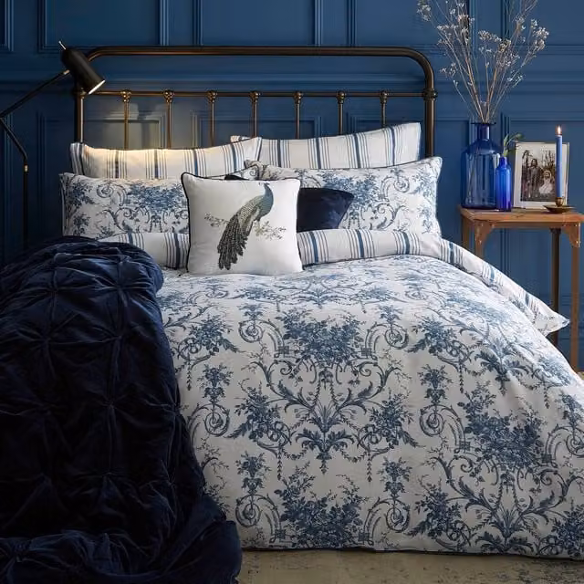 Laura Ashley Tuileries Midnight Blue Floral Cotton Mako Satin Duvet Cover and Pillowcase Set