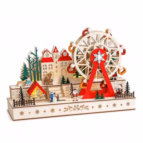Samuel Alexander Light Up Wooden Christmas Village Scene with Rotating Ferris Wheel, Multicolour, W: 29.0 cm, D: 14.0 cm, H: 14.0 cm – 2
