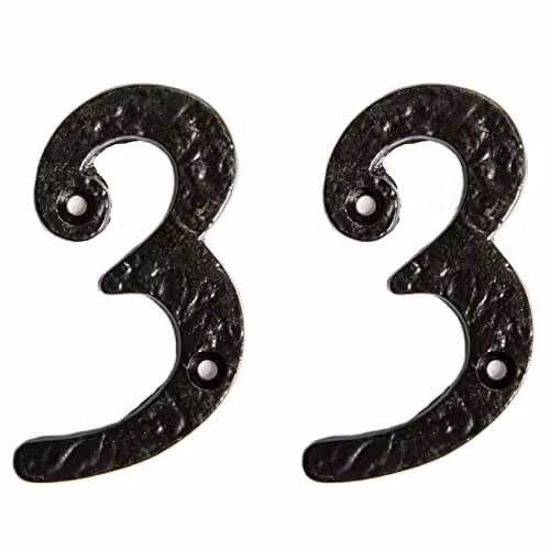 Hammer and Tongs Rustic Iron Number 3 Wall Numeral, Black, Pack of 2, Height: 7.5 cm – 1