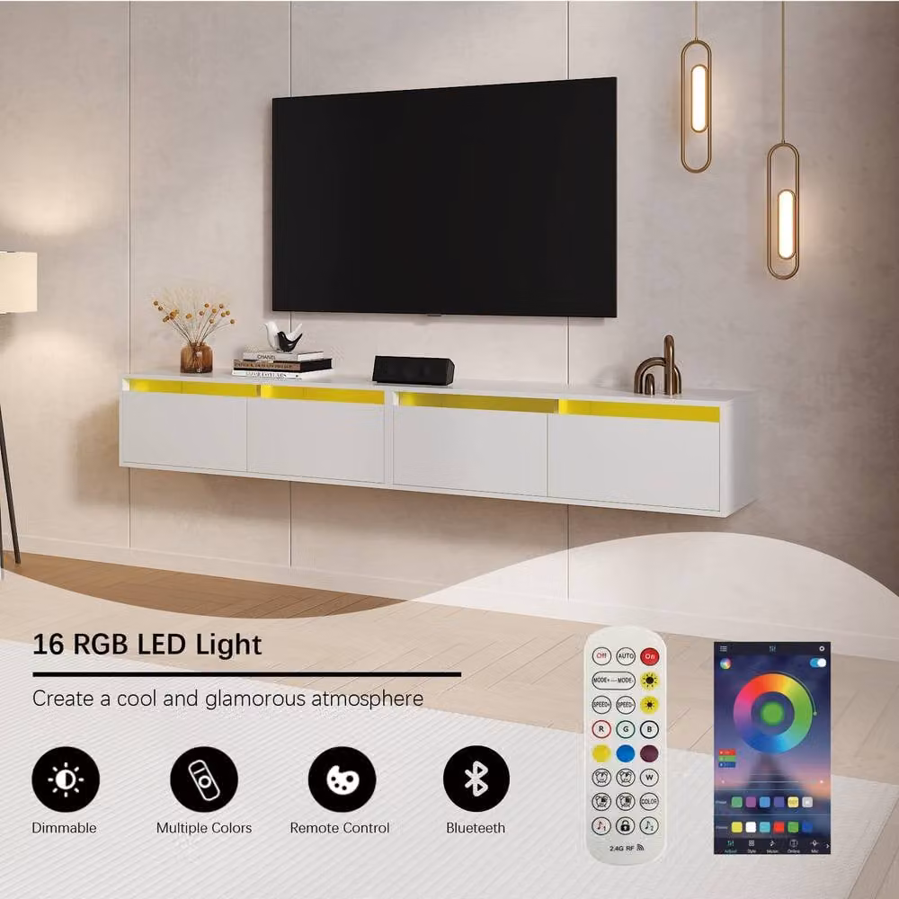 KEEPREAPER Set of 2 Floating TV Stands for 55-85 inch TVs with 2 Flip-Down Doors and LED Lighting in White – 3