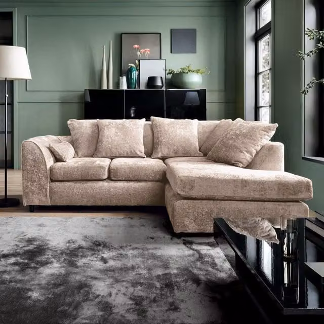 Abakus Direct Harriet Right Facing Corner Sofa in Cream Crushed Chenille Fabric with Scatter Cushions
